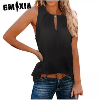GMXIA Женская мода Повседневная Летняя Весна Однотонный Принт Без Рукавов V-образный Вырез Блузки и Рубашки S розовый