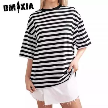 GMXIA Женская мода повседневная летняя весна полосатый принт 1/2 рукава О-образный вырез блузки и рубашки S