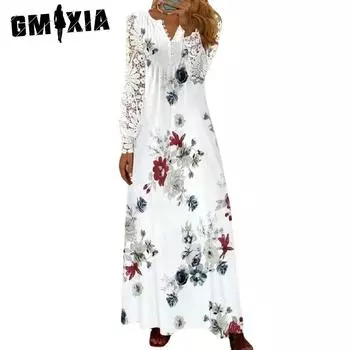 GMXIA Женская мода Повседневная мода с цветочным принтом Кружева с коротким рукавом и v-образным вырезом Тонкие платья