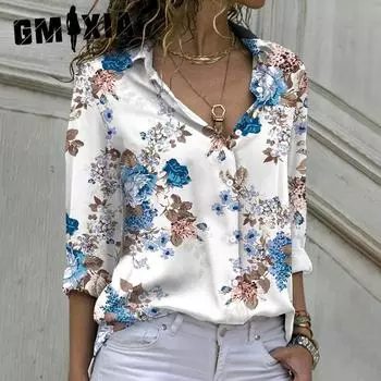 GMXIA Женская мода повседневная осень-зима цветочный принт длинный рукав воротник поло блузки и рубашки S фиолетовый