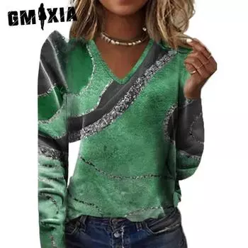 GMXIA Женская мода Повседневная осень-зима Однотонные принты Длинные рукава V-образный вырез Блузки и рубашки S жёлтый