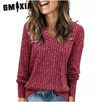 GMXIA Женская мода Повседневная осень-зима Однотонные принты Длинные рукава V-образный вырез Блузки и рубашки S