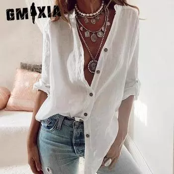 GMXIA Женская мода Повседневная осень-зима Однотонные принты Длинные рукава V-образный вырез Блузки и рубашки S белый