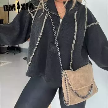 GMXIA Женская мода повседневная осень-зима однотонный принт длинный рукав воротник-молния блузки и рубашки XS чёрный