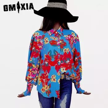 GMXIA Женская мода повседневная весна осень цветной принт воротник поло длинный рукав блузки и рубашки S синий