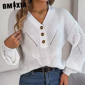 GMXIA женская мода Повседневное однотонный осенне-зимний свободный пуловер с длинными рукавами и v-образным вырезом на пуговицах, пуловер с рукавами-фонариками, свитер S белый