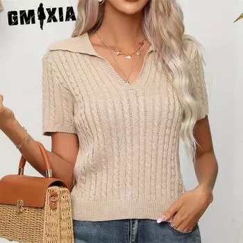 GMXIA женская мода повседневное однотонный принт лето весна с коротким рукавом v-образным вырезом трикотажные короткие рукава S оранжевый