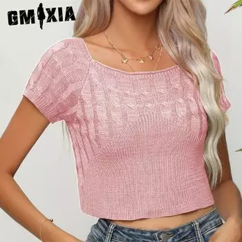 GMXIA Женская мода Повседневное однотонный принт Лето-весна с коротким рукавом и круглым вырезом Трикотажные короткие рукава S белый