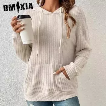 GMXIA женская мода повседневное однотонный принт осень-зима с длинным рукавом с капюшоном свободная толстовка с карманом-кенгуру S чёрный