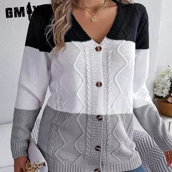 GMXIA женская мода повседневное осень-зима с длинным рукавом с v-образным вырезом свободный цвет контрастных пуговиц свитер кардиган пальто S хаки