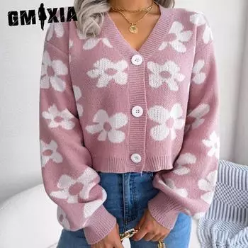 GMXIA женская мода повседневное осень-зима с длинным рукавом с v-образным вырезом свободный цвет контрастный цветок рукав-фонарик кардиган свитер пальто S розовый