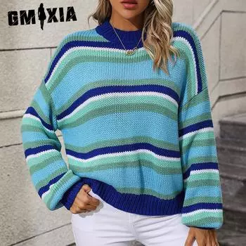GMXIA женская мода повседневное полосатый принт осень-зима с длинным рукавом полуводолазка свободные свитера S зелёный