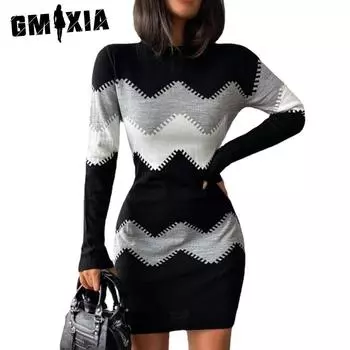 GMXIA женская мода повседневное с волнистым принтом осень-зима с длинным рукавом и круглым вырезом тонкая вязаная сумка нижняя базовая одежда S розовый