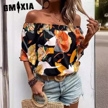 GMXIA Женская мода повседневные летние блузки и рубашки с цветочным принтом и коротким рукавом на одно плечо S чёрный