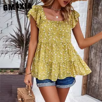 GMXIA Женская мода повседневные летние блузки и рубашки с цветочным принтом с коротким рукавом и квадратным воротником S чёрный