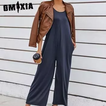 GMXIA Женская мода повседневные однотонные удобные и классные цветные принты лето весна U-образный вырез без рукавов подтяжки брюки комбинезоны и комбинезоны S серый