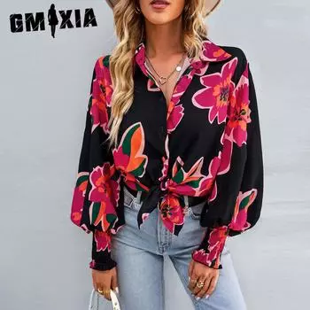 GMXIA Женская мода, повседневные весенне-осенние однотонные рубашки-поло с длинным рукавом и принтом, блузки и рубашки S синий