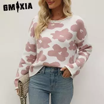 GMXIA Женская мода повседневный цветочный принт осень зима длинный рукав O-образный вырез свободные свитера S