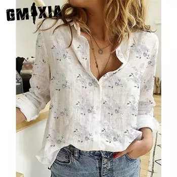 GMXIA Женская мода повседневный цветочный принт осень зима длинный рукав воротник поло блузки и рубашки S белый