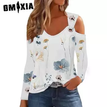 GMXIA Женская мода Повседневный летний цветочный принт Длинные рукава U-образный вырез Блузки и рубашки S