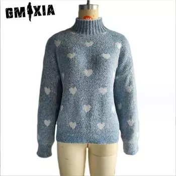 GMXIA Женская мода повседневный любовь принт осень зима длинный рукав высокий ворот свободные свитера S синий