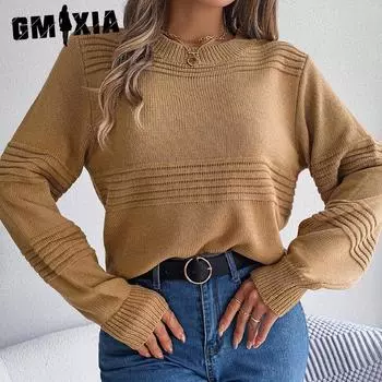 GMXIA Женская мода, повседневный однотонный осенне-зимний свободный вязаный пуловер с длинным рукавом и круглым вырезом, свитер