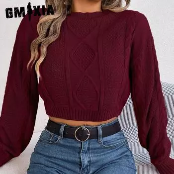 GMXIA Женская мода, повседневный осенне-зимний свободный однотонный джемпер с длинным рукавом и круглым вырезом, с укороченным топом S бордовый