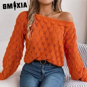 GMXIA Женская мода Повседневная осень-зима Свободный однотонный принт с длинным рукавом и вырезом Пернатый однотонный свитер с открытыми плечами и рукавами-фонариками S розовый