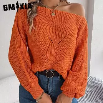 GMXIA Женская мода Повседневный свитер осень-зима свободный с вырезом лодочкой и длинным рукавом Повседневный вырез с открытыми плечами и рукавами-фонариками S серый