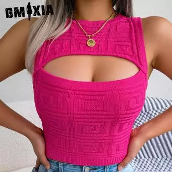 GMXIA Женская мода, повседневный сплошной цвет, весна-лето, без рукавов, с круглым вырезом, тонкий сексуальный укороченный вязаный топ с вырезом S белый