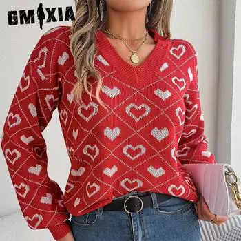 GMXIA Женская мода, повседневный свитер с любовным письмом, осень-зима, с длинным рукавом и v-образным вырезом, свободный свитер с рукавами-фонариками, милый контрастный цвет S красный