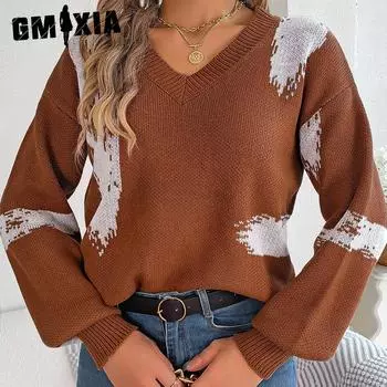 GMXIA Женская мода, повседневный свитер в полоску, осень-зима, с длинным рукавом, v-образным вырезом, свободный цвет, контрастный свитер с рукавами-фонариками S небесно-голубой