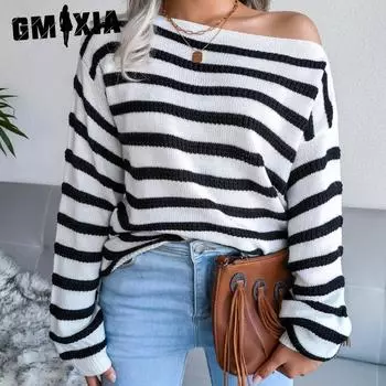 GMXIA Женская мода, повседневный свободный вязаный свитер с открытыми плечами на осень и зиму с длинным рукавом и полосатым принтом S белый