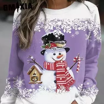GMXIA Женская мода Рождественский принт снеговика Повседневные свободные футболки и топы с длинными рукавами и круглым вырезом S