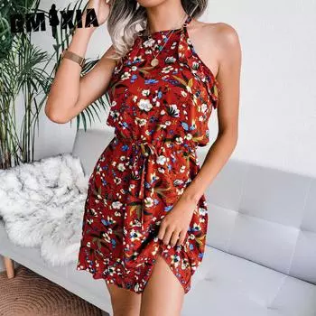 GMXIA Женская мода с цветочным принтом, летняя весна, без рукавов, с круглым вырезом, свободные повседневные платья S красный