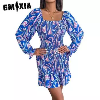 GMXIA женская мода с цветочным принтом, лето-весна, повседневные платья с квадратным воротником и длинными рукавами, высокой талией S оранжевый