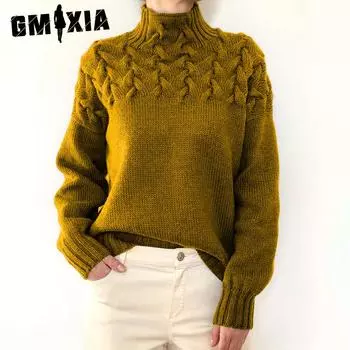 GMXIA Женская мода тканые детали водолазка длинный рукав свитер для женщин S