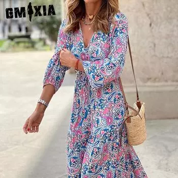 GMXIA Женская мода весна-осень Богемия с принтом, длинным рукавом, V-образным вырезом, высокой талией, повседневные платья S зелёный