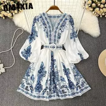 GMXIA Женская мода весна-осень Богемия с принтом, длинным рукавом, V-образным вырезом, высокой талией, повседневные платья S синий