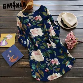 GMXIA Женская мода весна-осень цветочный принт длинный рукав О-образный вырез высокая талия повседневные платья S темно серый