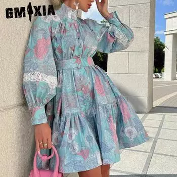 GMXIA Женская мода весна осень цветочный принт длинный рукав высокий ворот высокая талия повседневные платья S синий