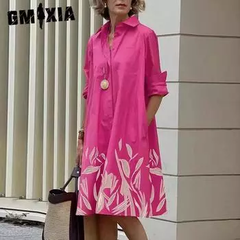 GMXIA Женская мода весна осень цветочный принт длинный рукав поло воротник высокая талия повседневные платья S