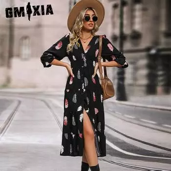 GMXIA Женская мода весна осень цветочный принт длинный рукав V-образный вырез высокая талия повседневные платья S чёрный