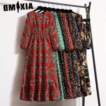 GMXIA Женская мода весна-осень цветочный принт длинный рукав О-образный вырез высокая талия повседневные платья S