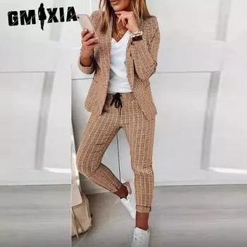 GMXIA Женская мода весна-осень клетчатый принт с длинным рукавом поло воротник брюки костюмы и блейзеры S белый