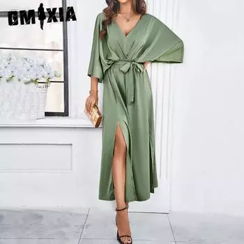 GMXIA Женская мода весна-осень однотонный принт длинный рукав V-образный вырез высокая талия повседневные платья S шампанского