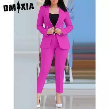 GMXIA Женская мода весна осень однотонный принт длинный рукав поло воротник брюки костюмы S чёрный