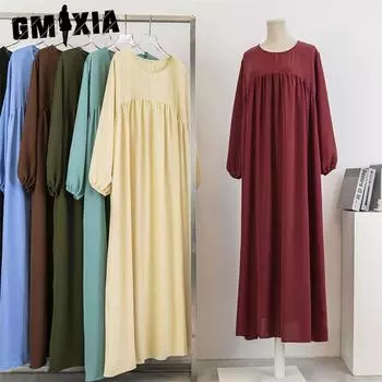 GMXIA Женская мода весна-осень однотонный принт длинный рукав О-образный вырез высокая талия повседневные платья M