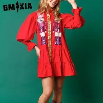 GMXIA Женская мода весна осень однотонный принт длинный рукав поло воротник высокая талия повседневные платья S красный