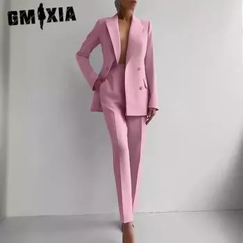 GMXIA Женская мода весна осень однотонный принт длинный рукав поло воротник брюки костюмы S абрикосовый